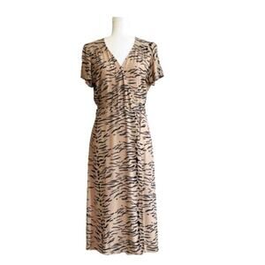 Leith Midi Dress Tan Black Animal Print Flutter Short Sleeve Wrap Dress Small